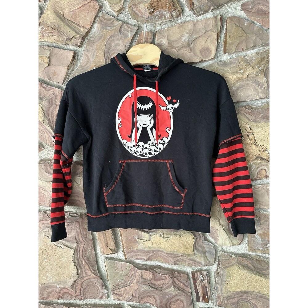 Emily The Strange Hoodie Womens MD Red Black Oversized Stripes Hot Topic